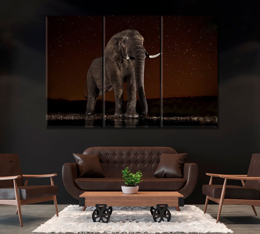 Wild Elephant at Night Kenya Canvas Print ArtLexy 3 Panels 36"x24" inches 