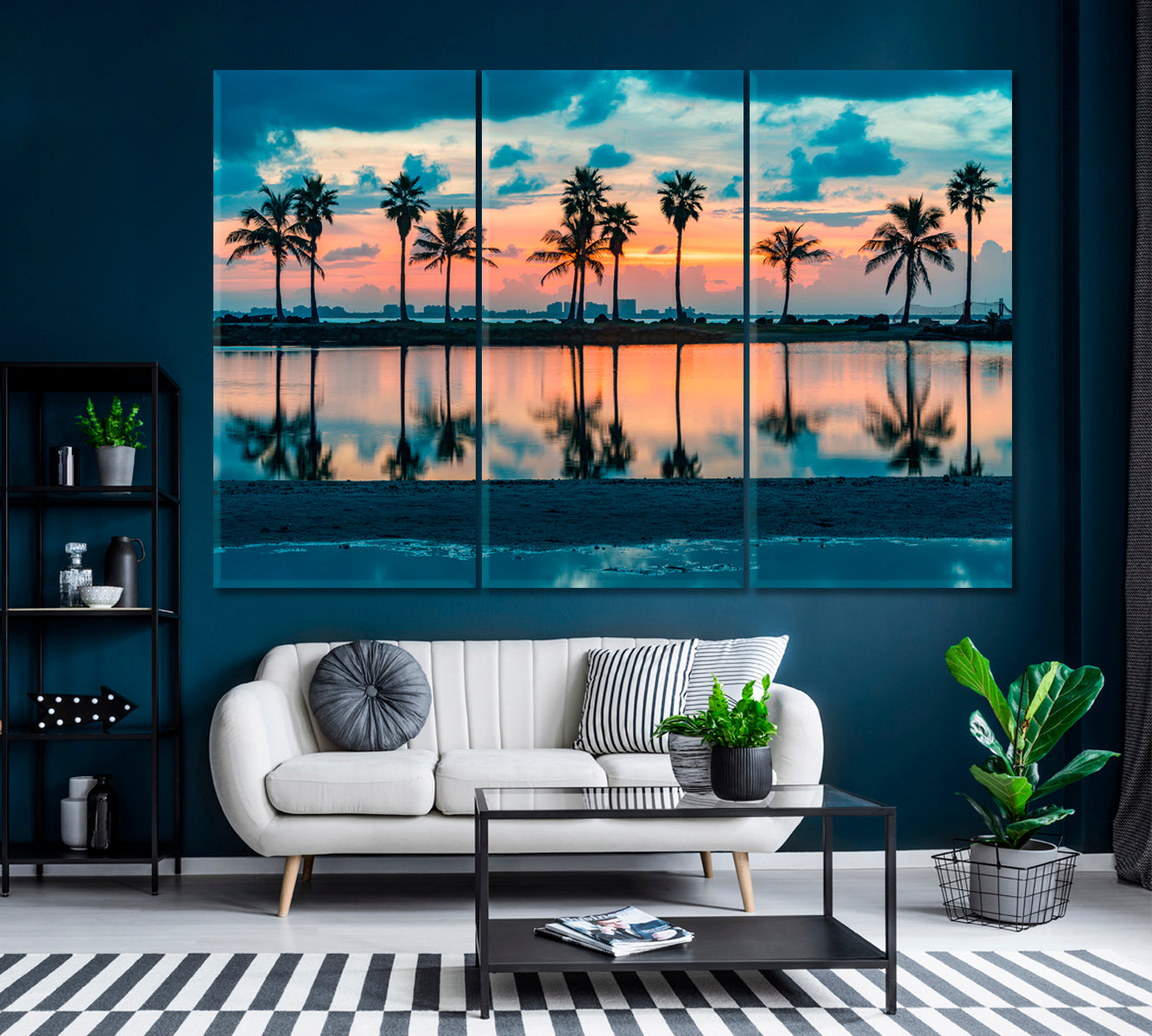 Palm Tree Reflections in Atlantic Ocean Miami Florida Canvas Print ArtLexy 3 Panels 36"x24" inches 