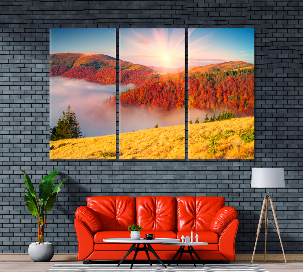 Colorful Autumn Forest Landscape Carpathian Mountains Canvas Print ArtLexy 3 Panels 36"x24" inches 