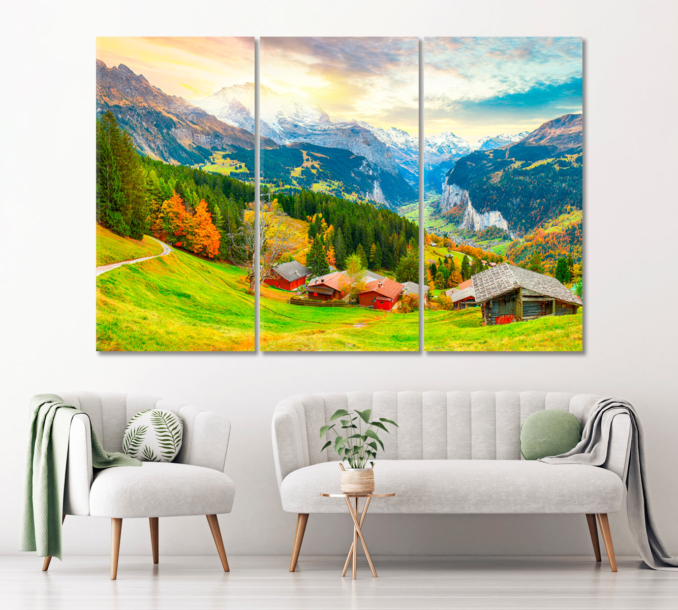Lauterbrunnen Valley with Jungfrau Mountain Switzerland Canvas Print ArtLexy 3 Panels 36"x24" inches 