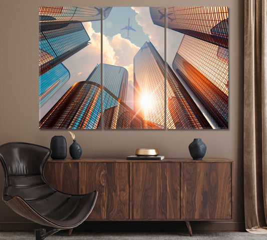 Airplane Flying Above Modern Skyscrapers Canvas Print ArtLexy 3 Panels 36"x24" inches 