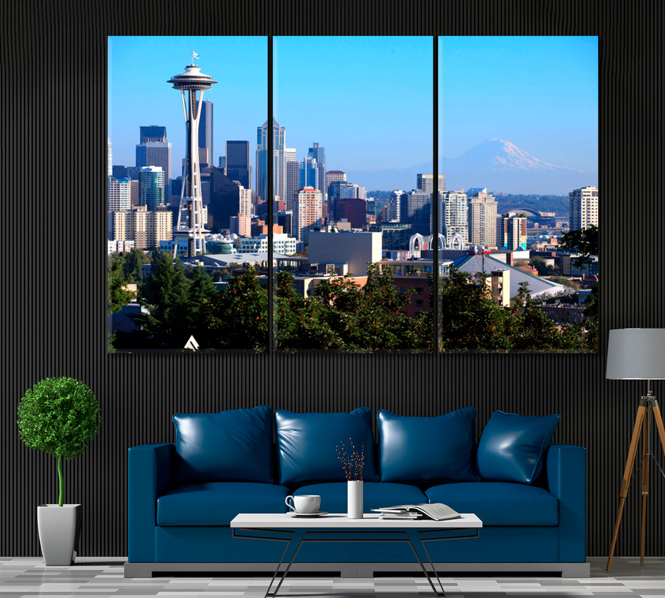 Seattle Skyline and Mt. Rainier Washington Canvas Print ArtLexy 3 Panels 36"x24" inches 