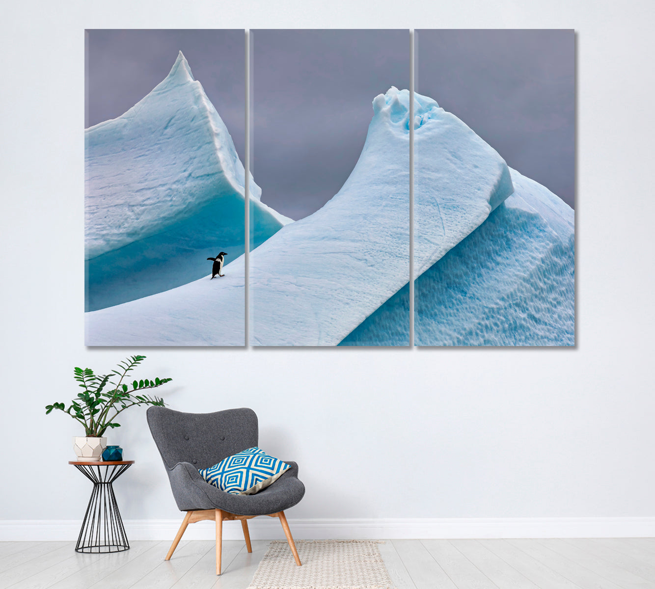 Lonely Adélie Penguin on Iceberg in Antarctica Canvas Print ArtLexy 3 Panels 36"x24" inches 