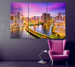 Miami Skyline on Biscayne Bay Canvas Print ArtLexy 3 Panels 36"x24" inches 