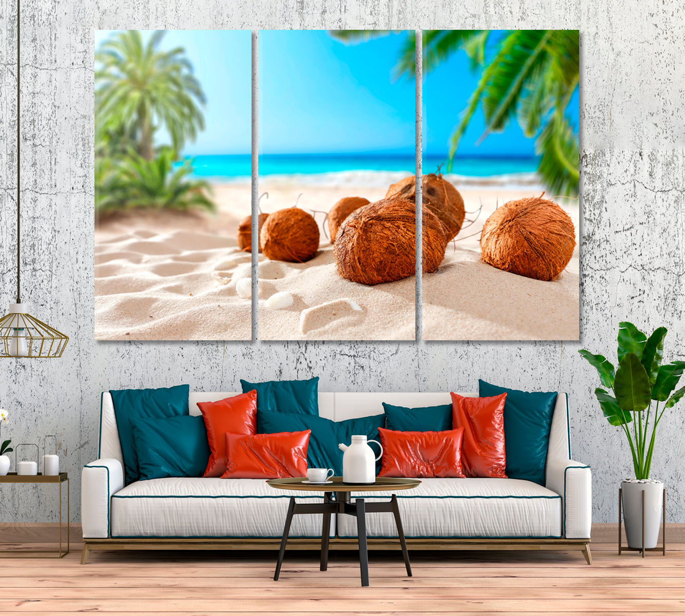 Coconuts on Beach Canvas Print ArtLexy 3 Panels 36"x24" inches 