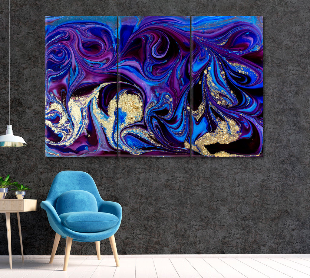 Abstract Blue Marble Swirl Canvas Print ArtLexy 3 Panels 36"x24" inches 