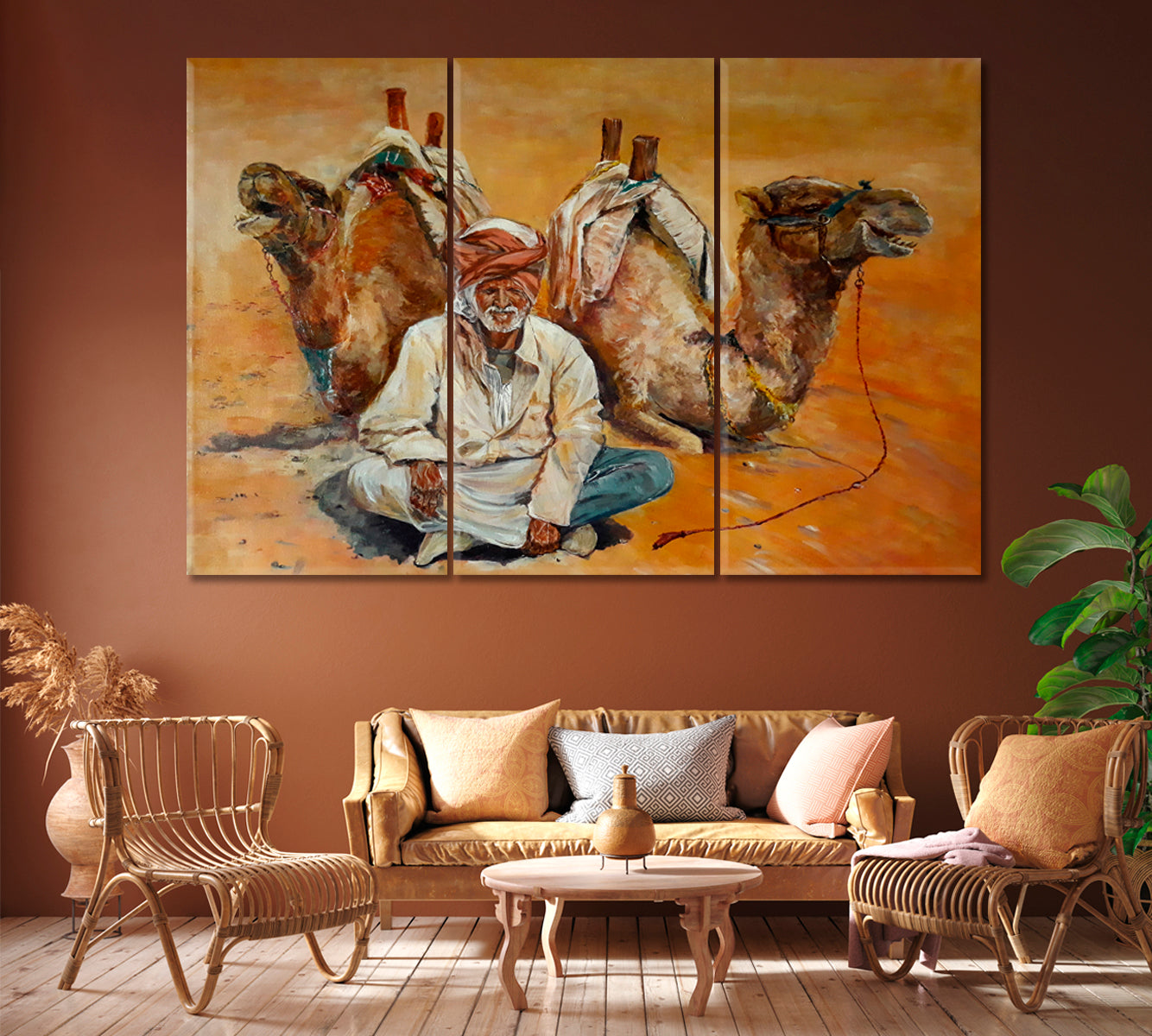 Old Bedouin with Camels in Desert Canvas Print ArtLexy 3 Panels 36"x24" inches 