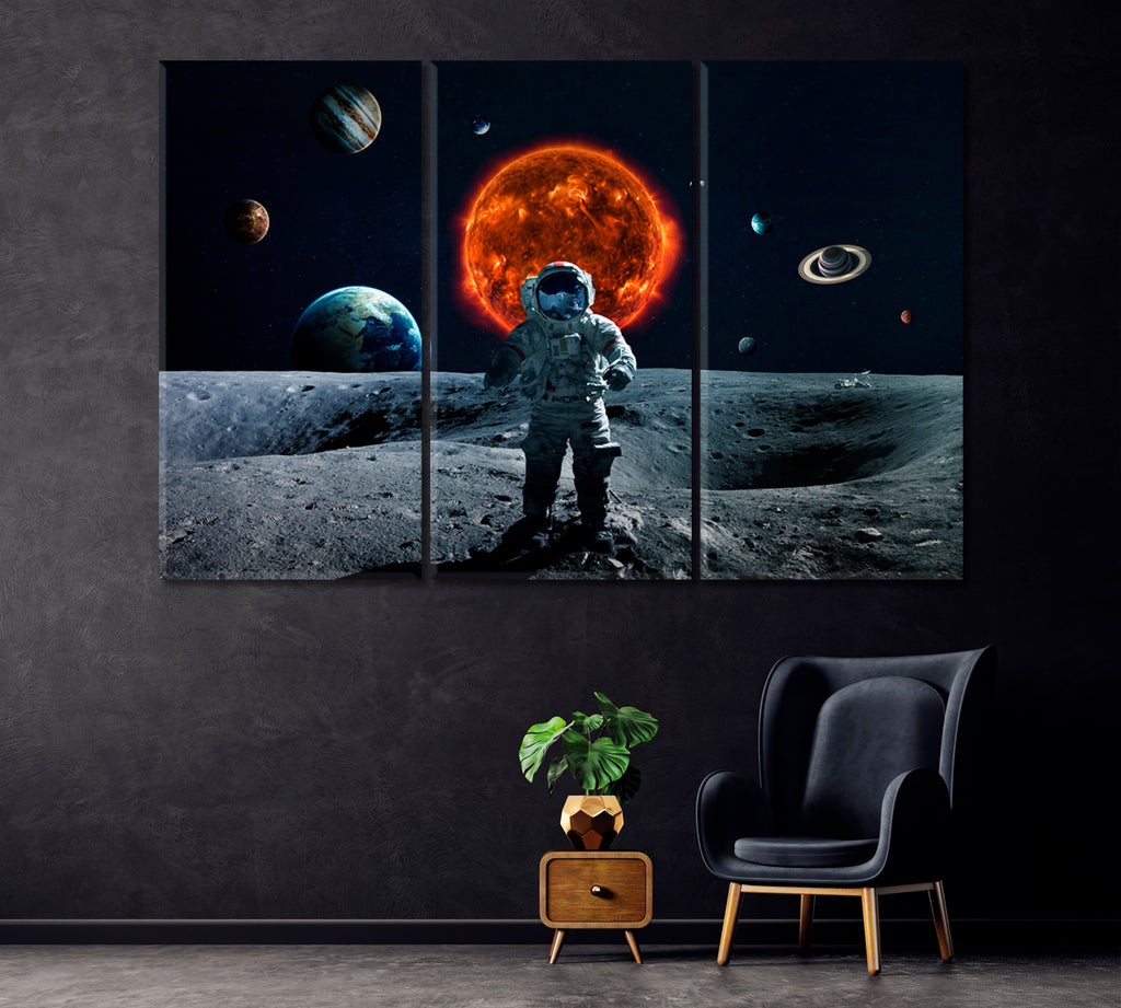 Astronaut on Moon Canvas Print ArtLexy 3 Panels 36"x24" inches 