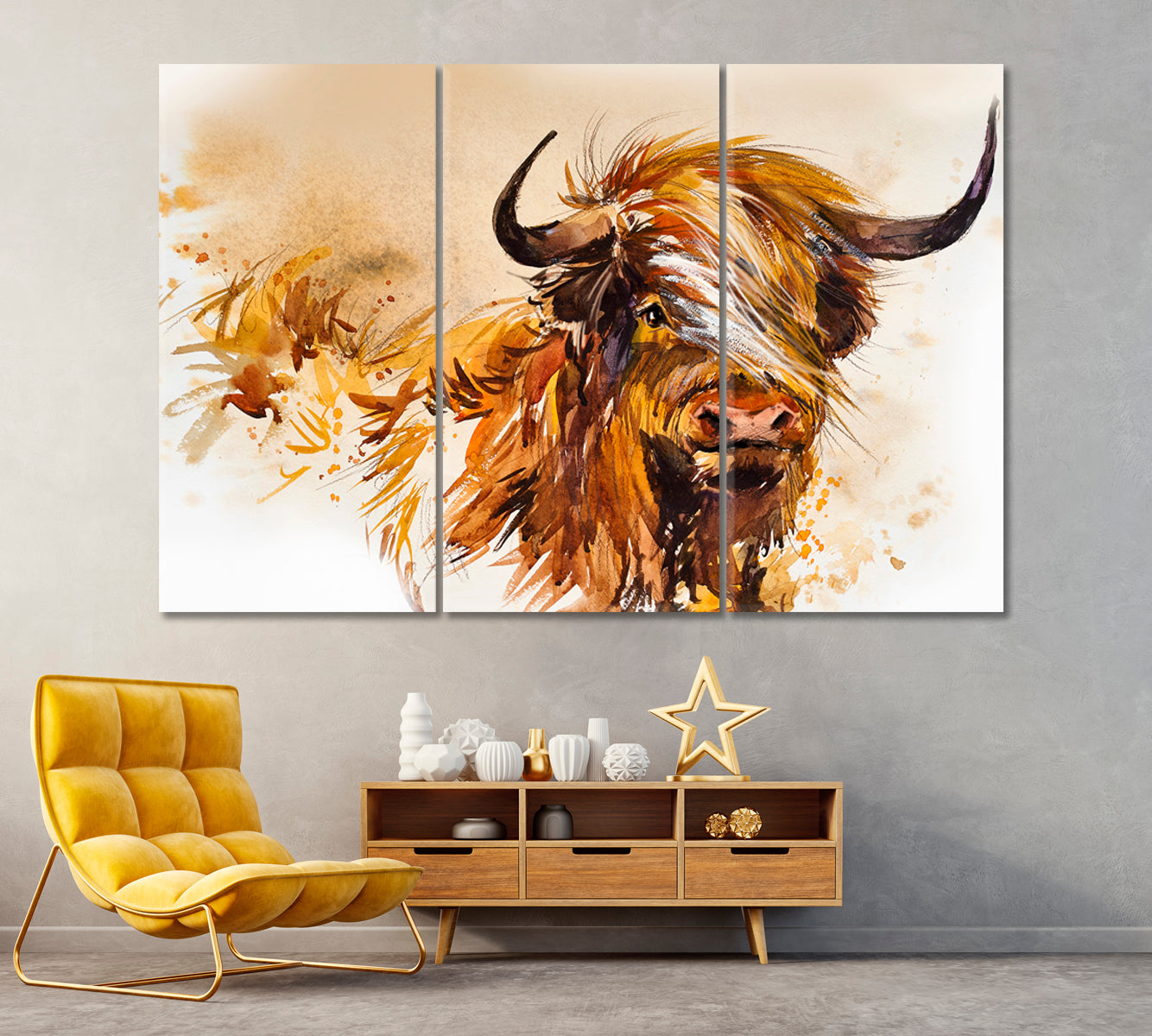 Abstract Scottish Highland Cow Canvas Print ArtLexy 3 Panels 36"x24" inches 