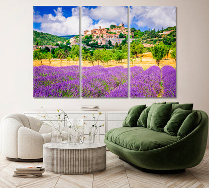 Simiane La Rotonde Village in Provence with Lavender Fields France Canvas Print ArtLexy 3 Panels 36"x24" inches 