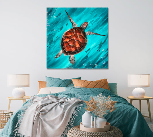 Sea Turtle Swimming in Turquoise Water Canvas Print ArtLexy 1 Panel 12"x12" inches 