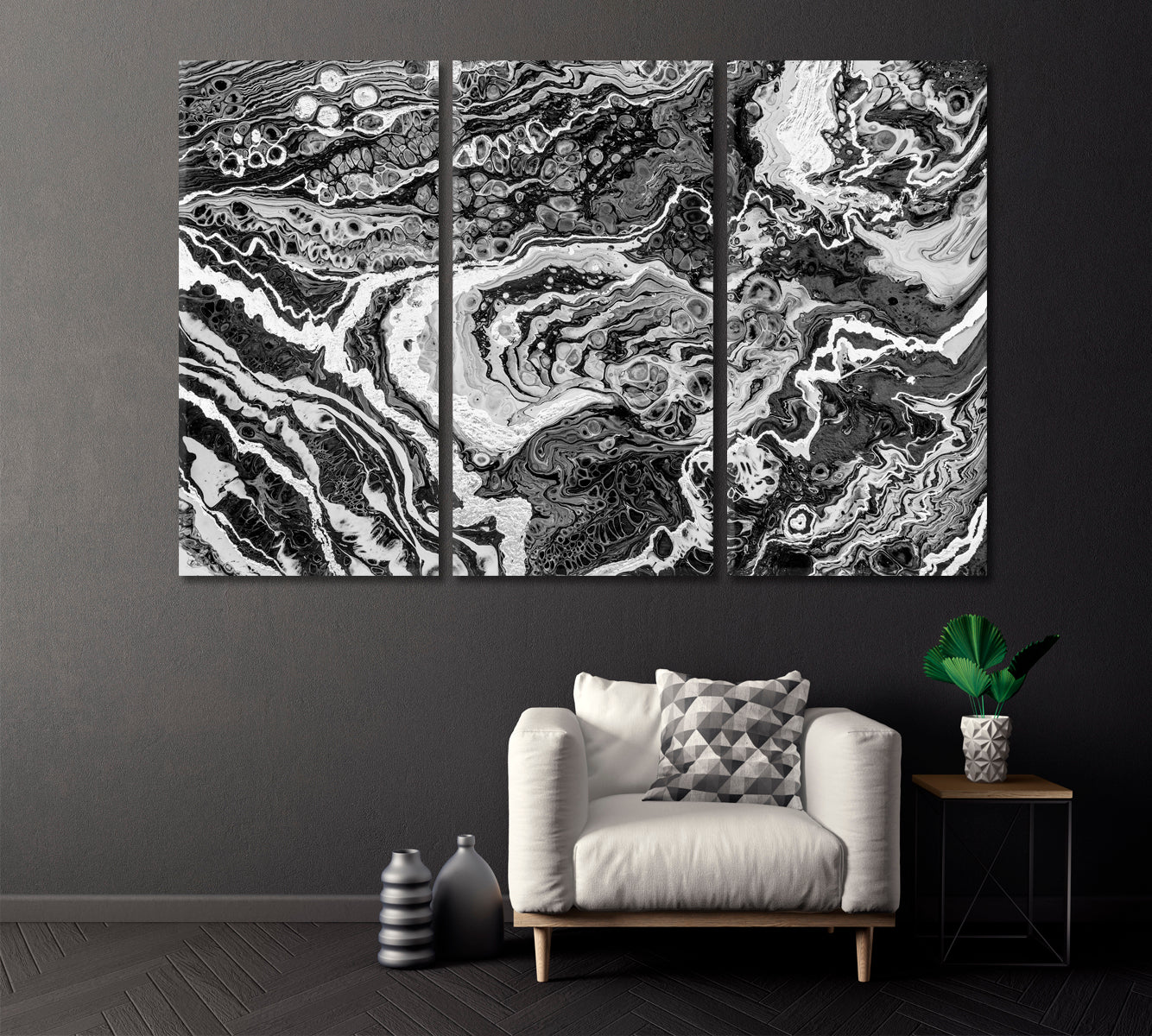 Luxury Contemporary Fluid Black and White Marble Canvas Print ArtLexy 3 Panels 36"x24" inches 