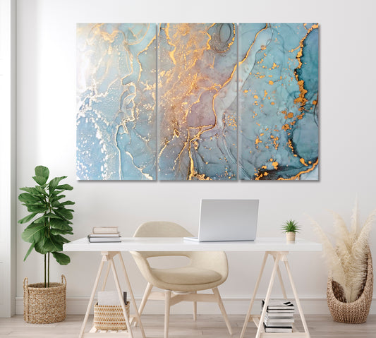 Abstract Blue Liquid Marble with Gold Veins Canvas Print ArtLexy 3 Panels 36"x24" inches 