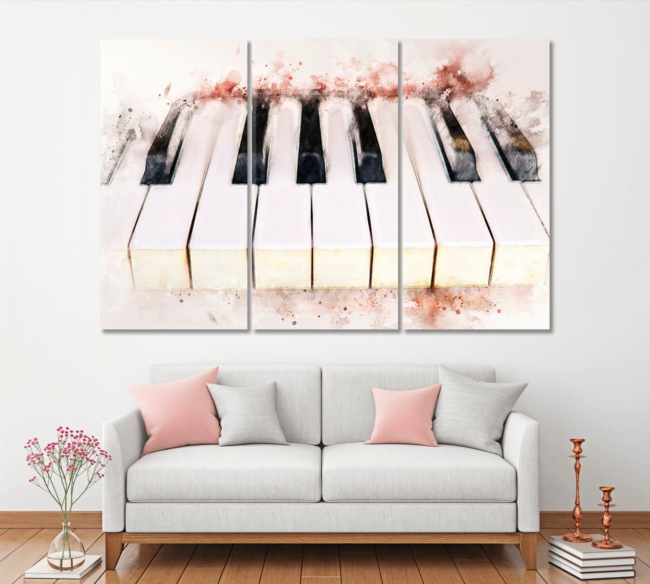 Abstract Watercolor Piano Keyboard Canvas Print ArtLexy 3 Panels 36"x24" inches 