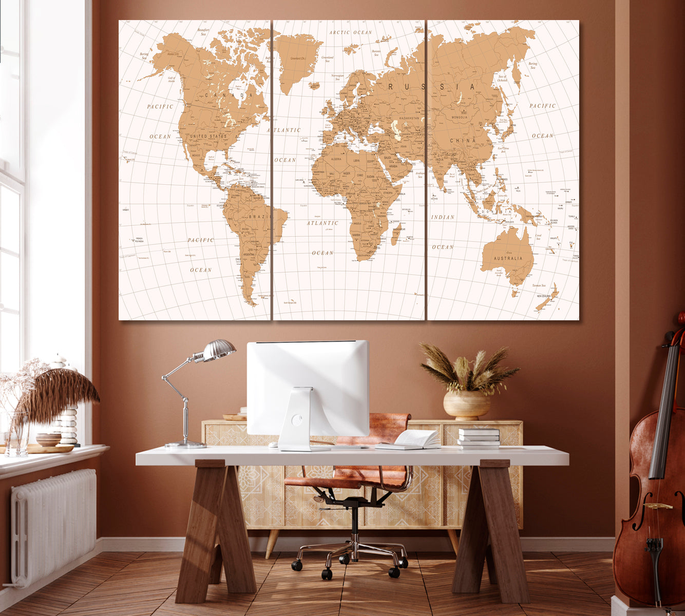 Detailed Vintage World Map Canvas Print ArtLexy 3 Panels 36"x24" inches 