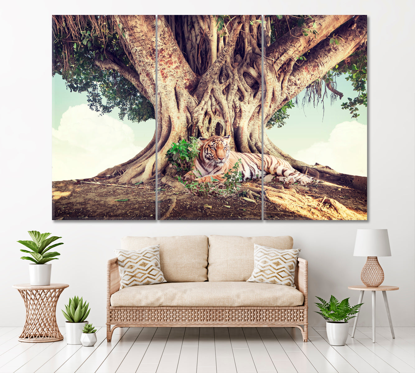 Tiger under Banyan Tree India Canvas Print ArtLexy 3 Panels 36"x24" inches 