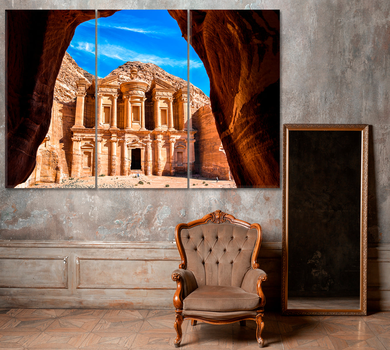 Ad Deir Monastery in Ancient City Petra Jordan Canvas Print ArtLexy 3 Panels 36"x24" inches 