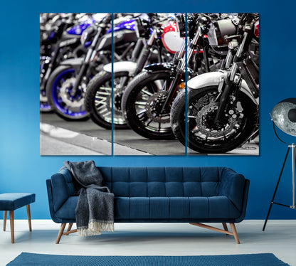 Motorcycles front Wheels Canvas Print ArtLexy 3 Panels 36"x24" inches 