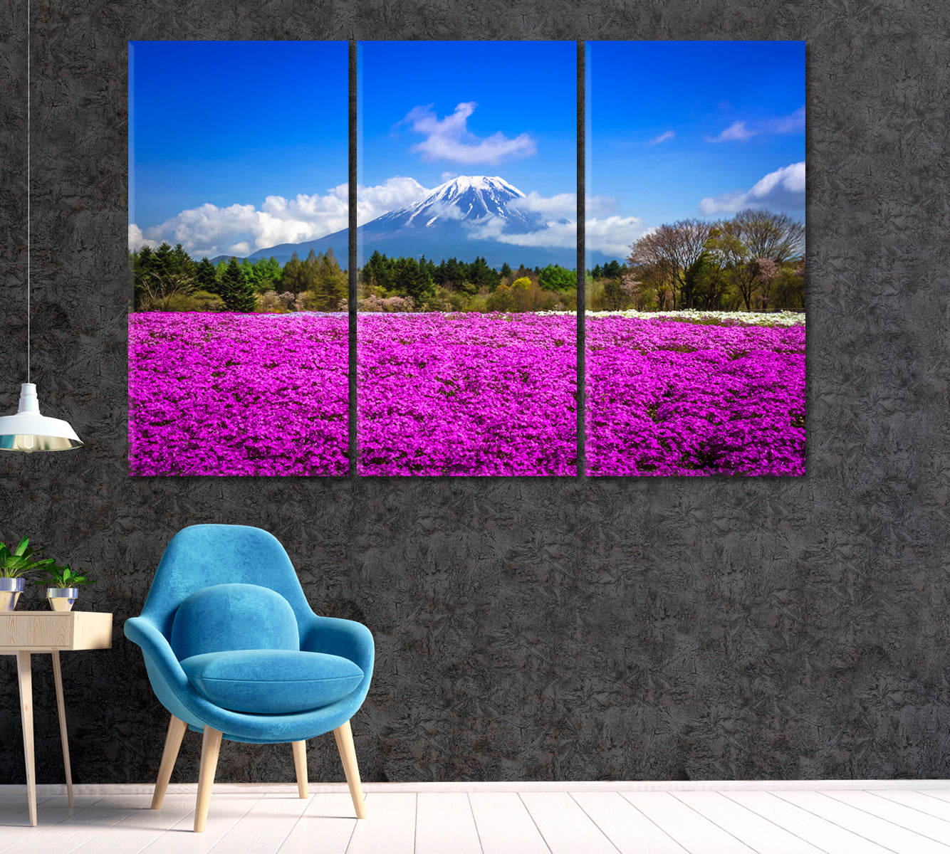 Mount Fuji with Fields of Pink Shiba Sakura Japan Canvas Print ArtLexy 3 Panels 36"x24" inches 