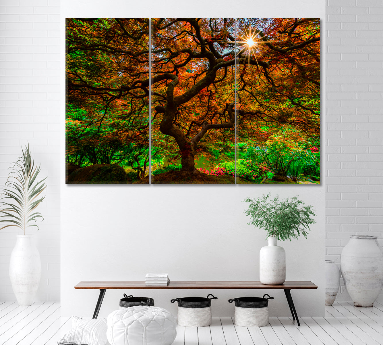 Japanese Maple Tree in Portland Japanese Garden Canvas Print ArtLexy 3 Panels 36"x24" inches 