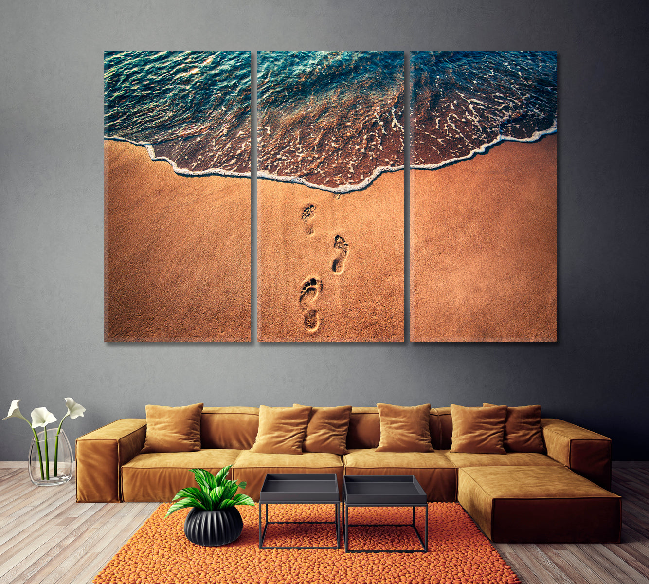 Footsteps on Sand Canvas Print ArtLexy 3 Panels 36"x24" inches 
