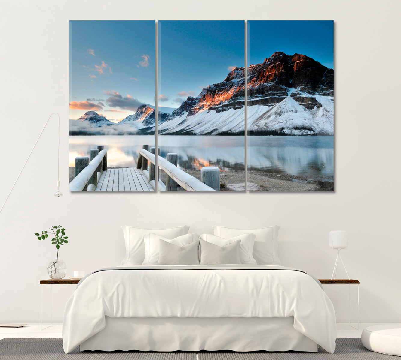 Bow Lake with Wooden Pier in Banff National Park Alberta Canvas Print ArtLexy 3 Panels 36"x24" inches 