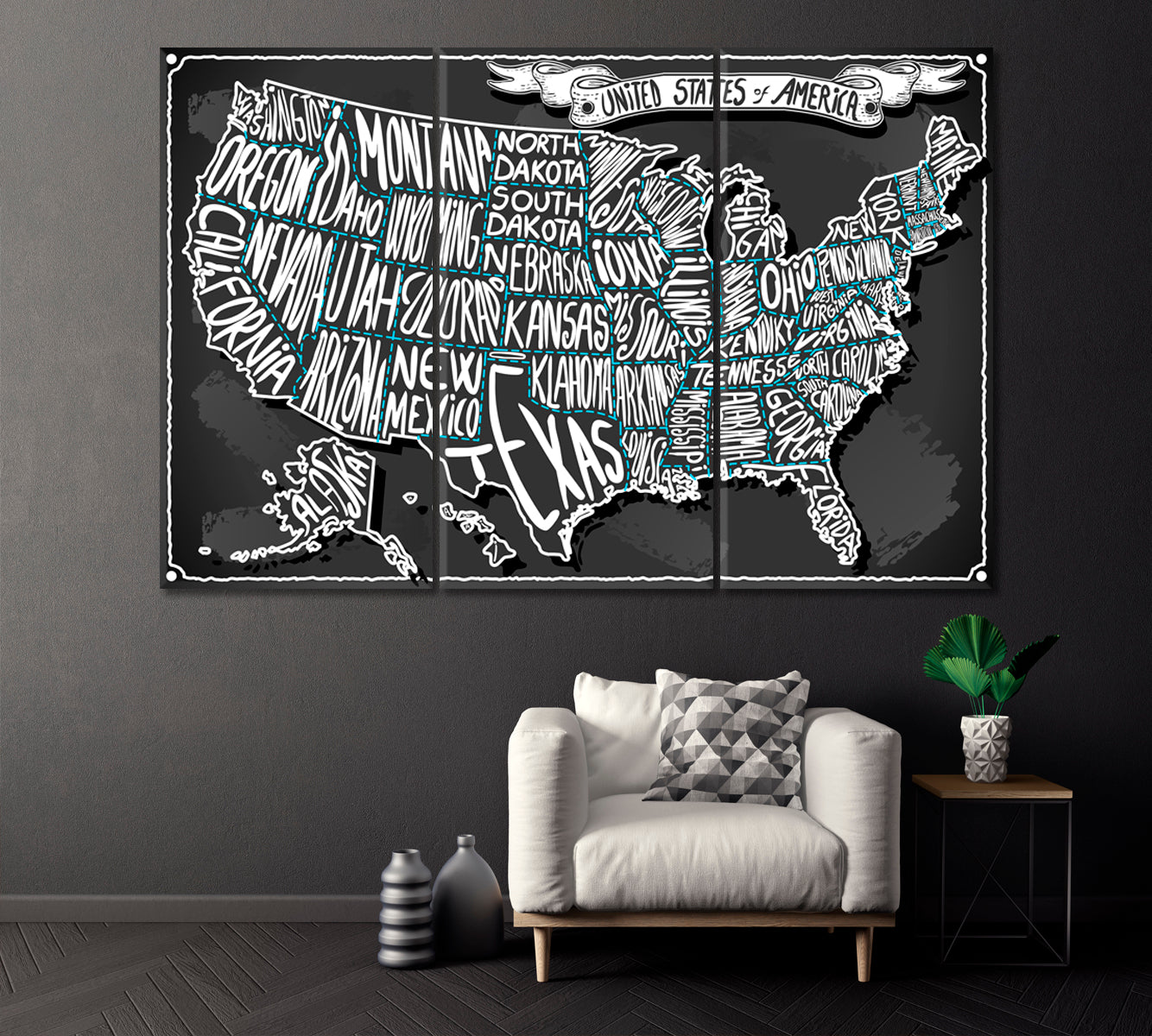 United States Map Canvas Print ArtLexy 3 Panels 36"x24" inches 