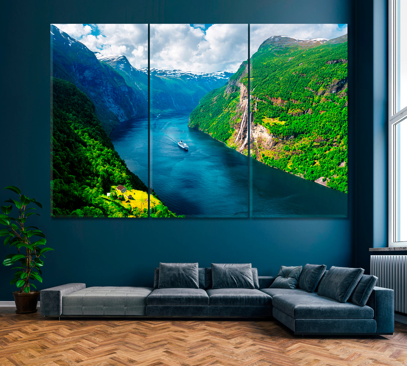 Sunnylvsfjorden Fjord and Seven Sisters Waterfalls Norway Canvas Print ArtLexy 3 Panels 36"x24" inches 