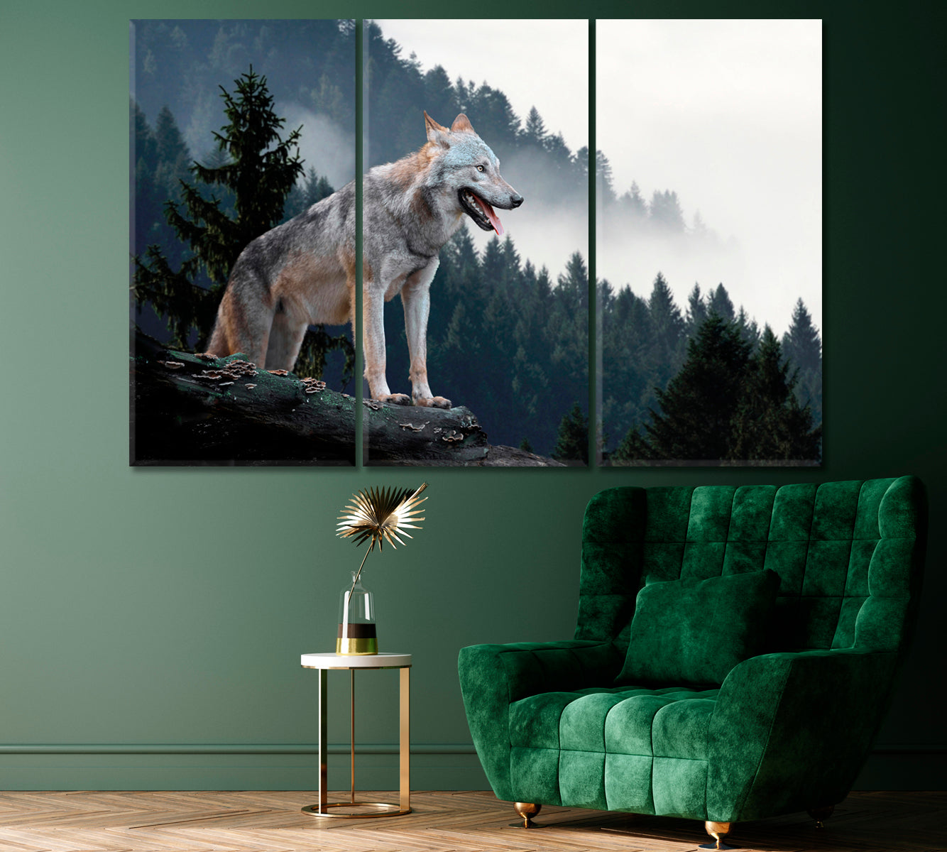 Timber Wolf in Forest Canvas Print ArtLexy 3 Panels 36"x24" inches 