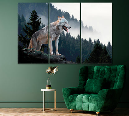 Timber Wolf in Forest Canvas Print ArtLexy 3 Panels 36"x24" inches 
