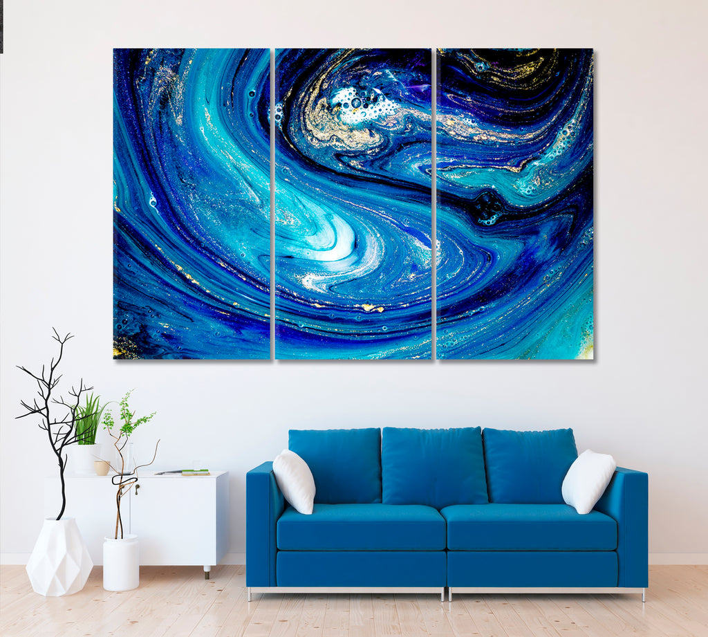 Abstract Blue Swirls of Marble Canvas Print ArtLexy 3 Panels 36"x24" inches 