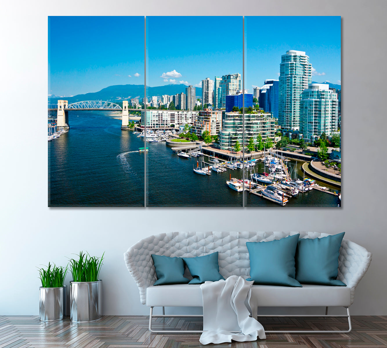 Vancouver Skyline Canada Canvas Print ArtLexy 3 Panels 36"x24" inches 