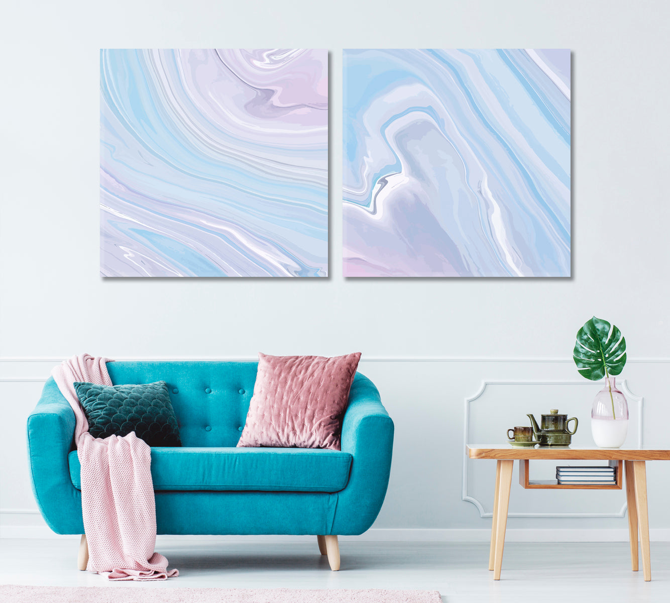 Set of 2 Squares Elegant Blue and Pink Waves and Swirls Canvas Print ArtLexy   