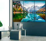 Autumn Landscape with Braies Lake Italian Alps Dolomite Canvas Print ArtLexy 3 Panels 36"x24" inches 