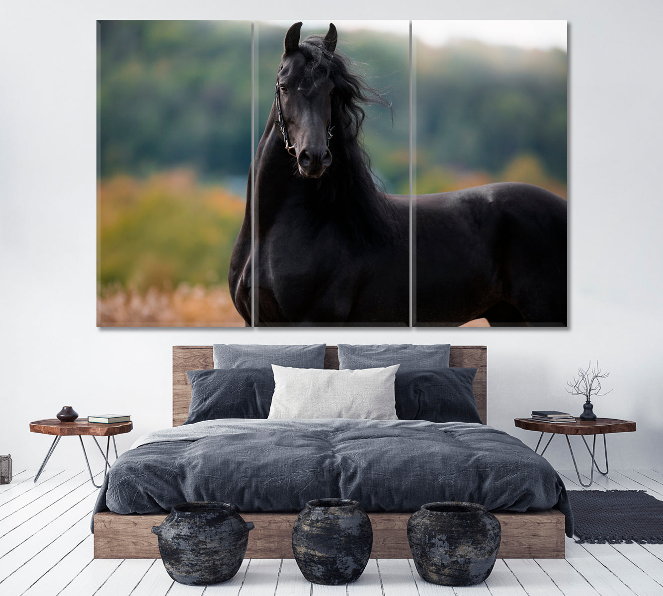 Portrait of Black Friesian Horse Canvas Print ArtLexy 3 Panels 36"x24" inches 