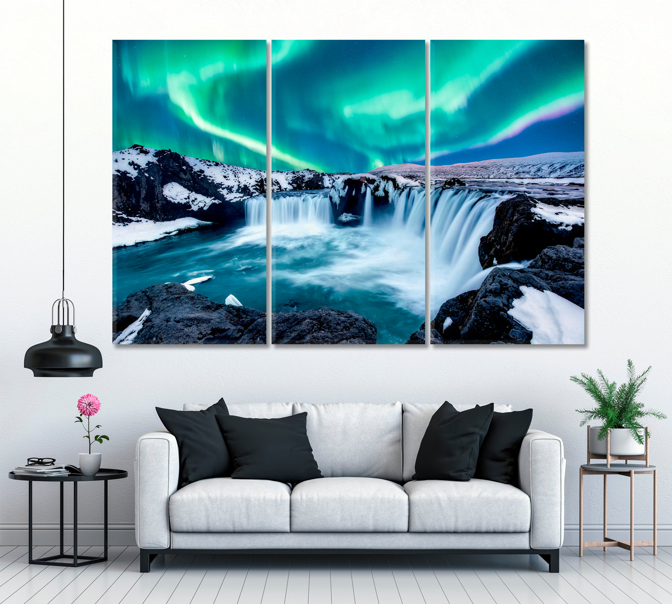 Aurora Borealis over Godafoss Waterfall in Iceland Canvas Print ArtLexy 3 Panels 36"x24" inches 