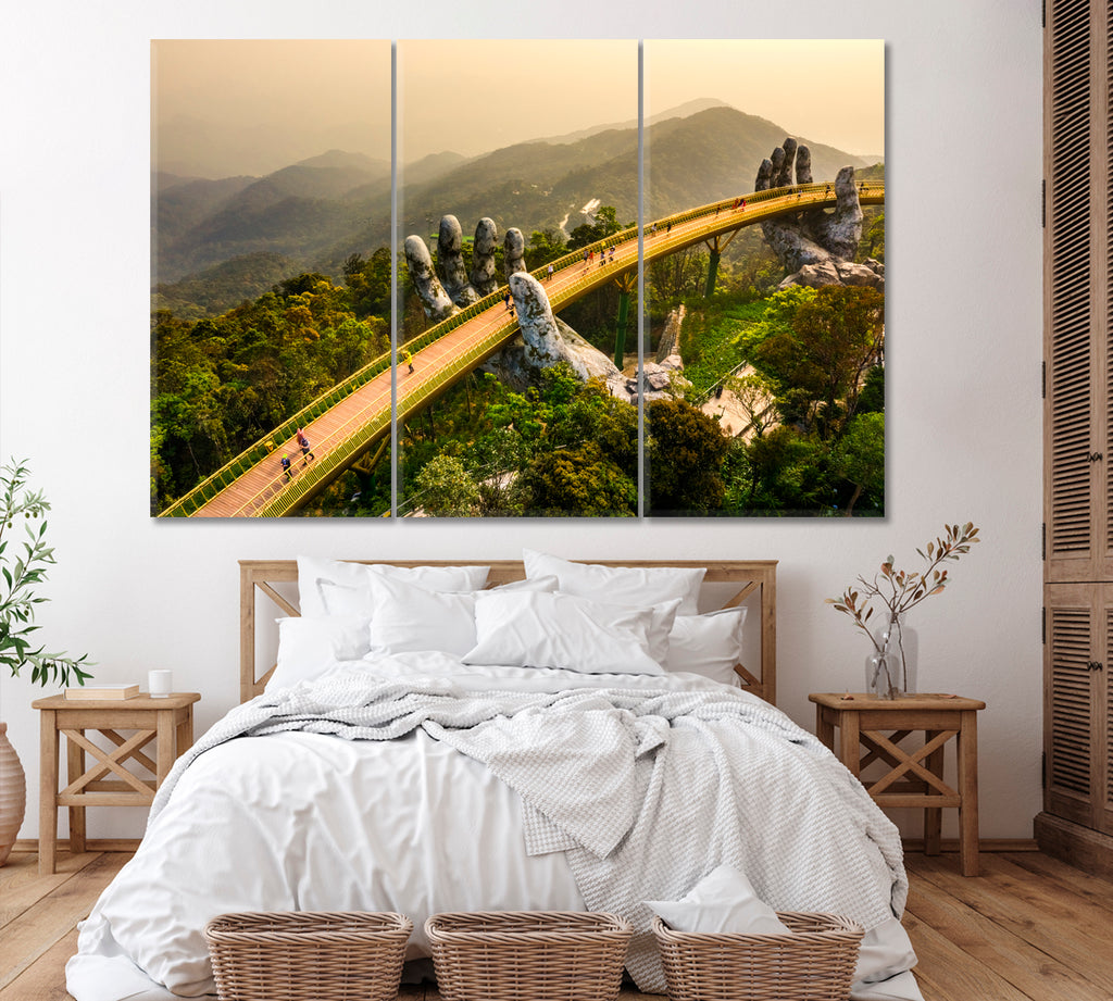 Golden Bridge with Two Giant Hands Vietnam Canvas Print ArtLexy 3 Panels 36"x24" inches 