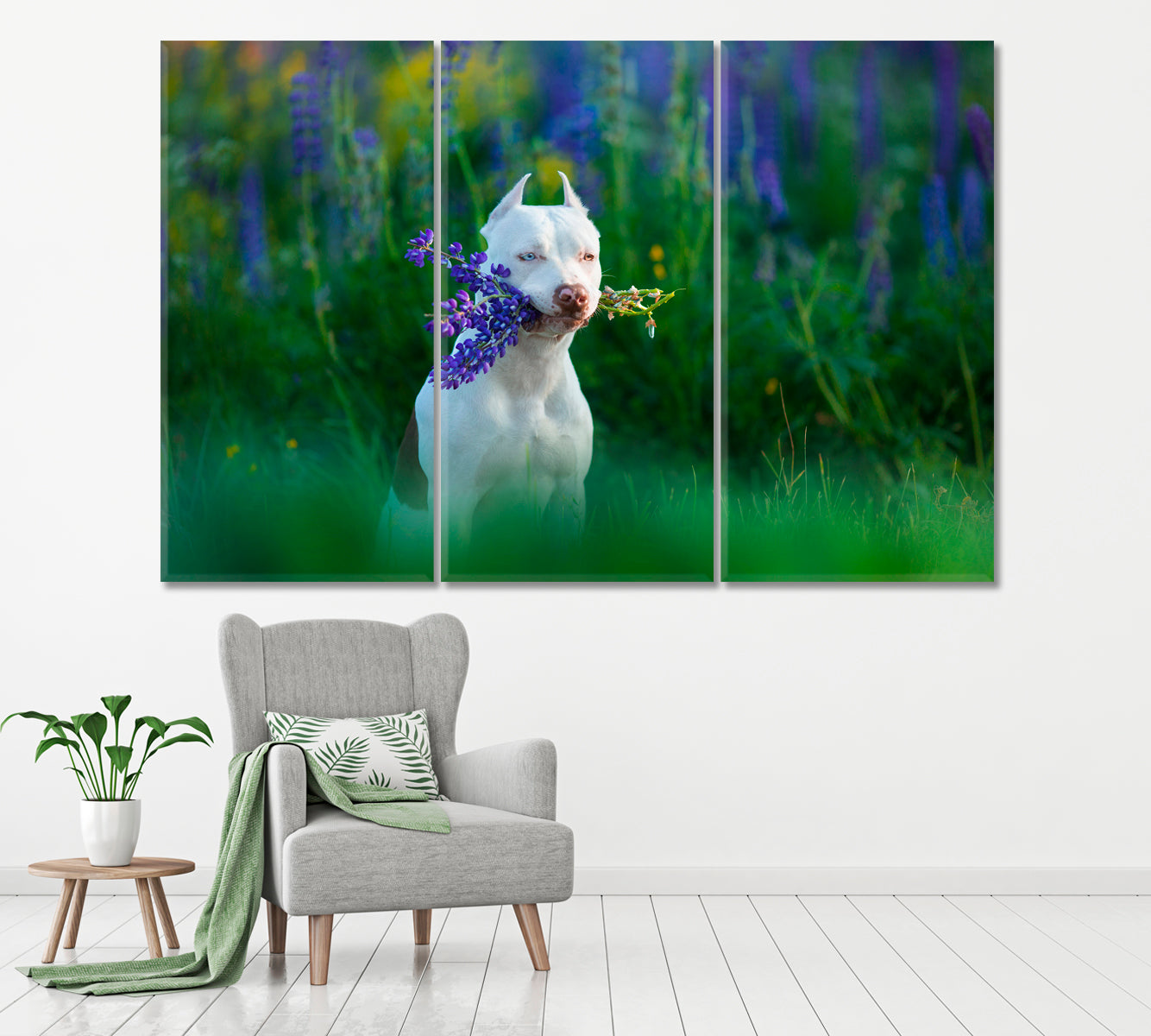 White Pitbull with Bouquet of Flowers Canvas Print ArtLexy 3 Panels 36"x24" inches 