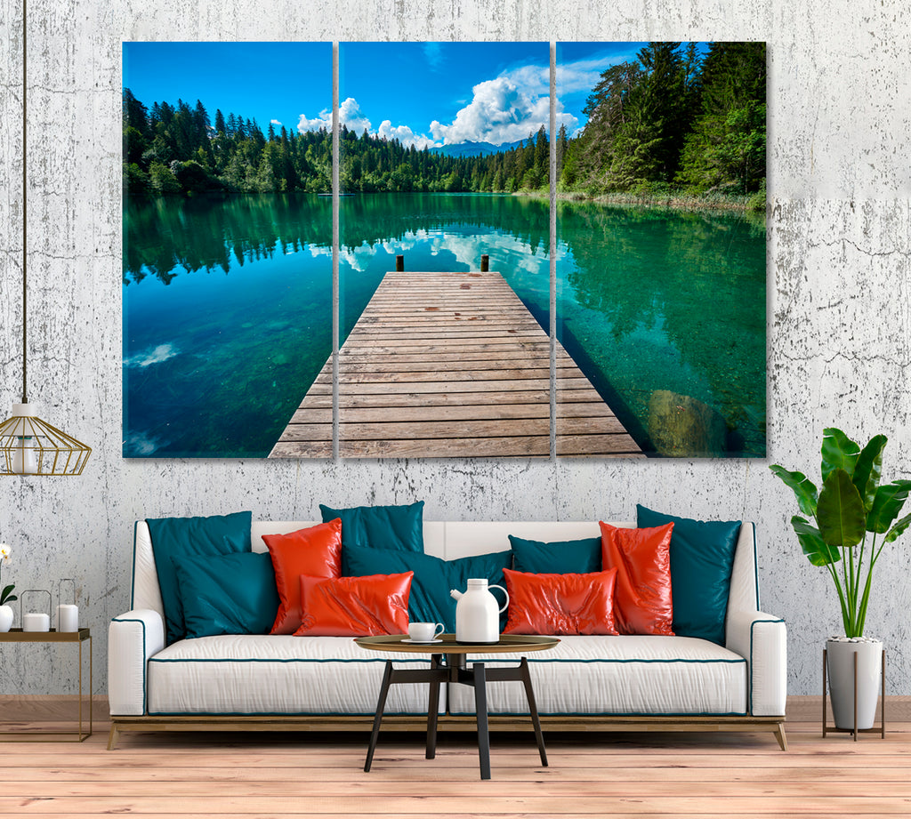 Wooden Pier on Lake Cresta Switzerland Canvas Print ArtLexy 3 Panels 36"x24" inches 
