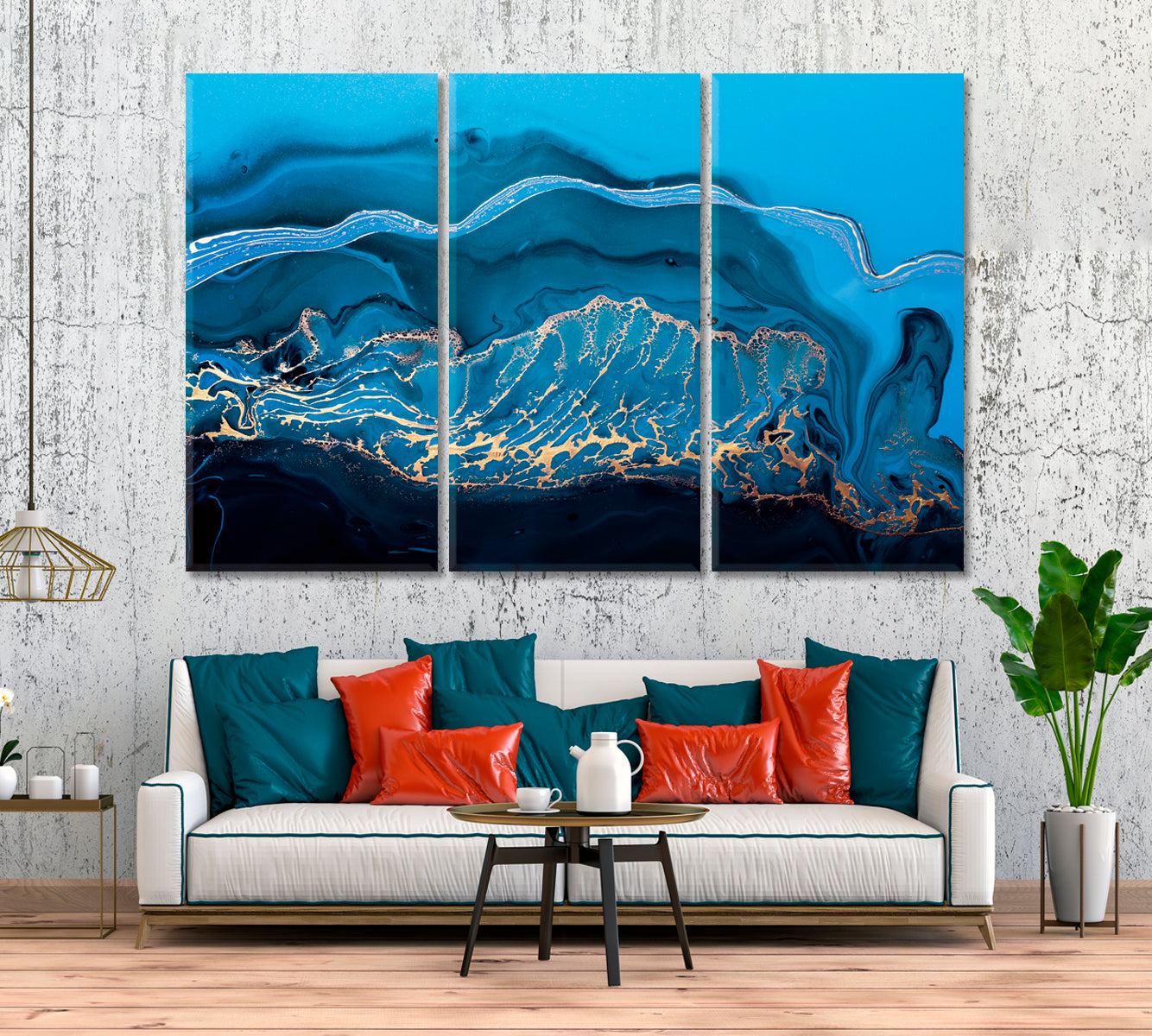 Abstract Ocean with Gold Waves Canvas Print ArtLexy 3 Panels 36"x24" inches 