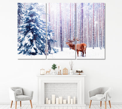 Noble Deer in Winter Forest Canvas Print ArtLexy 3 Panels 36"x24" inches 