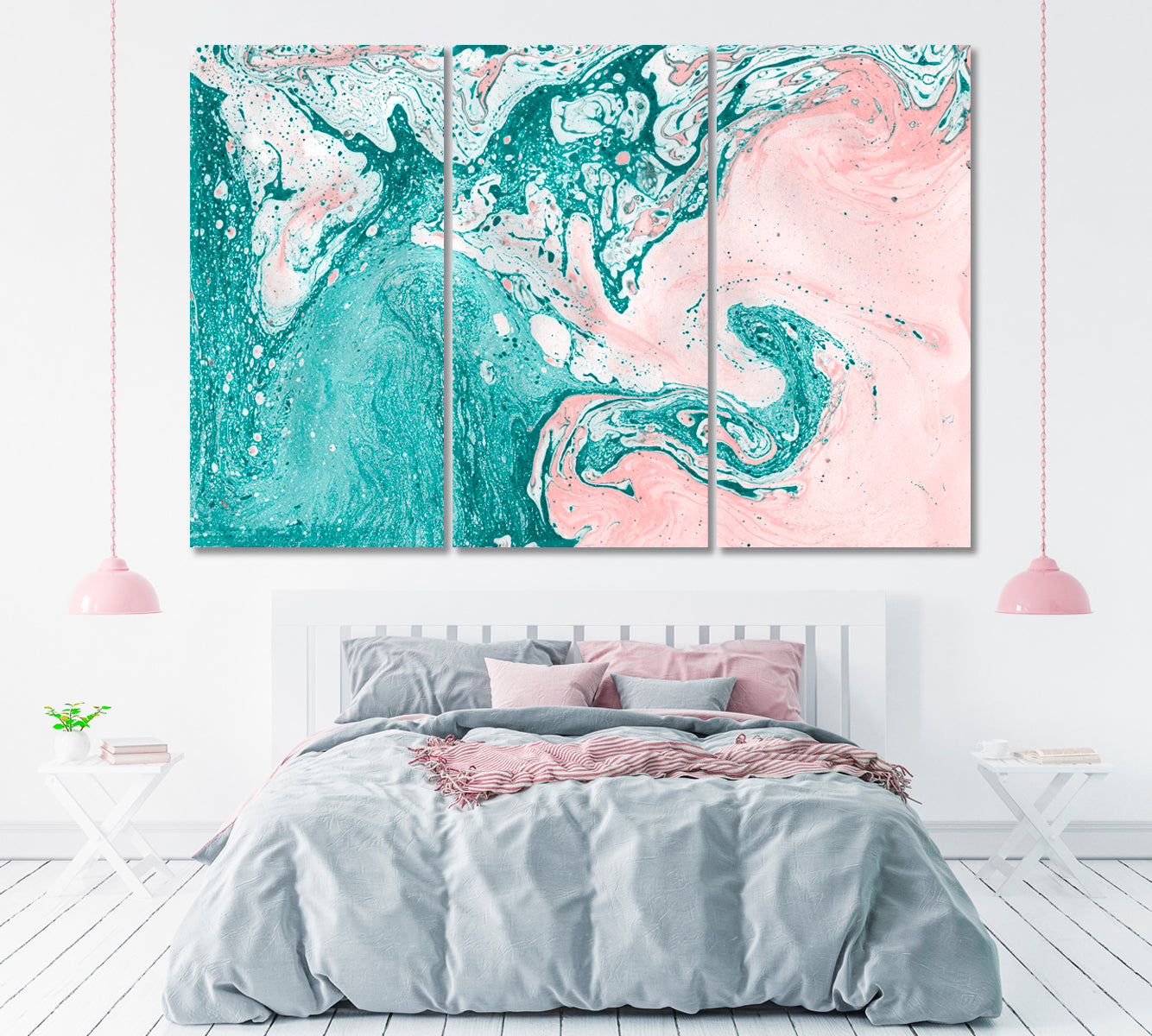 Abstract Turquoise and Pink Marble Painting Canvas Print ArtLexy 3 Panels 36"x24" inches 
