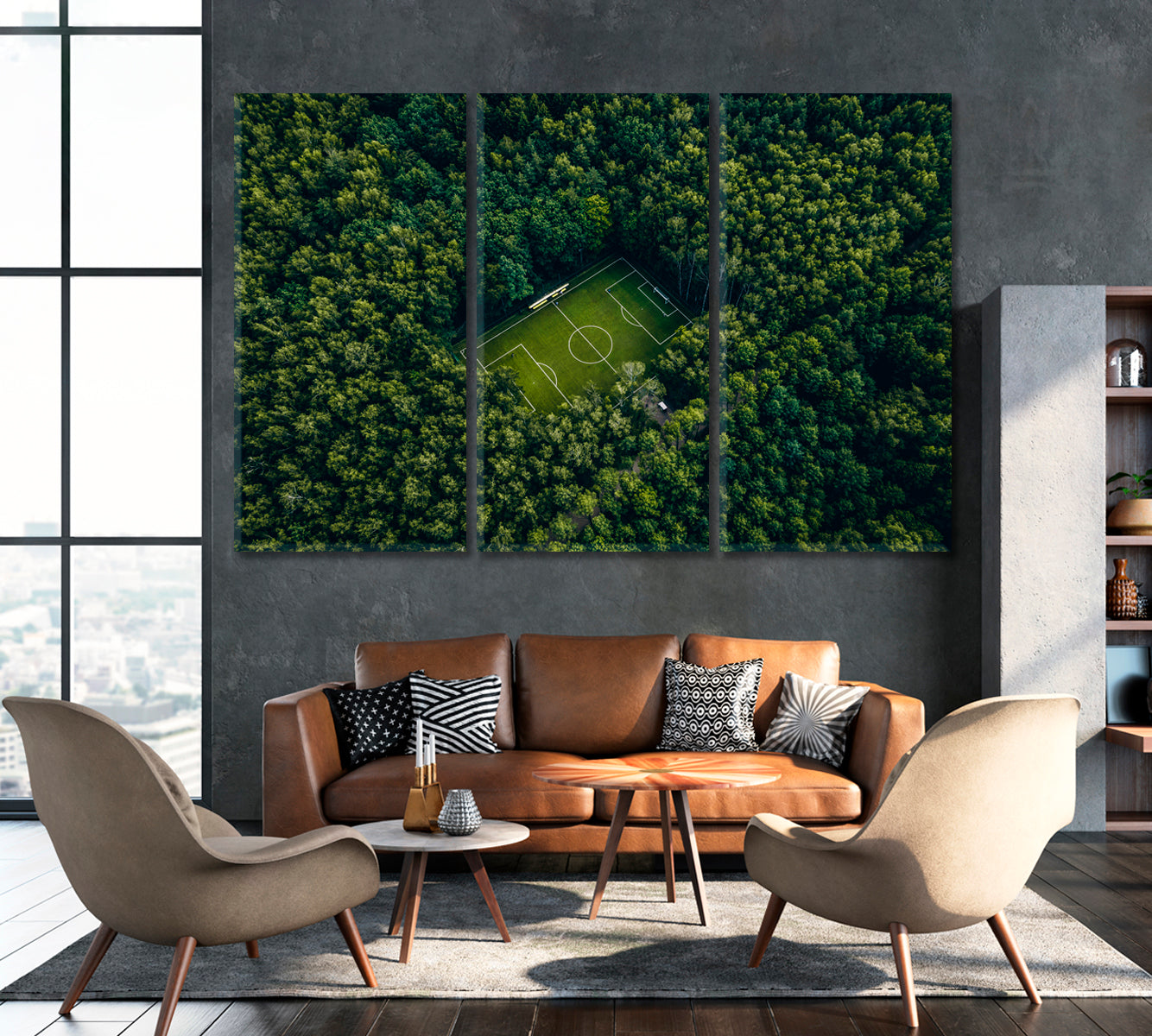 Football Field in Forest Canvas Print ArtLexy 3 Panels 36"x24" inches 
