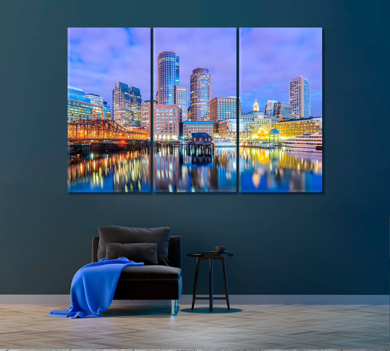 Boston Harbor with Financial District Massachusetts Canvas Print ArtLexy 3 Panels 36"x24" inches 