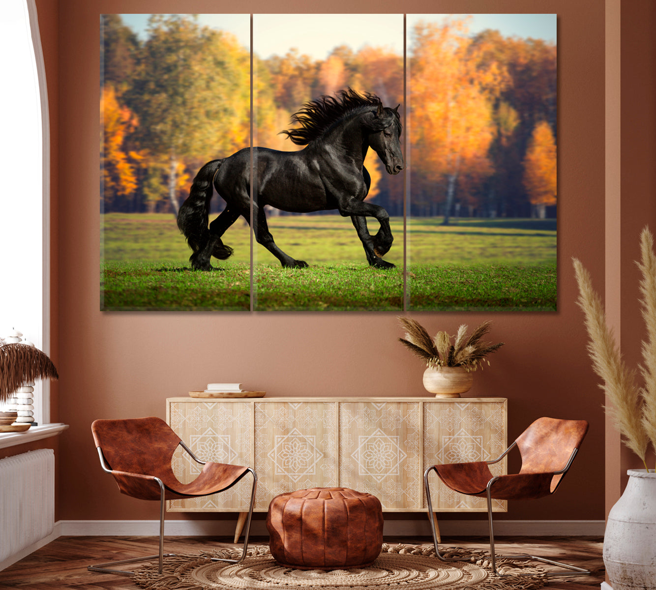 Black Friesian Horse in Autumn Forest Canvas Print ArtLexy 3 Panels 36"x24" inches 