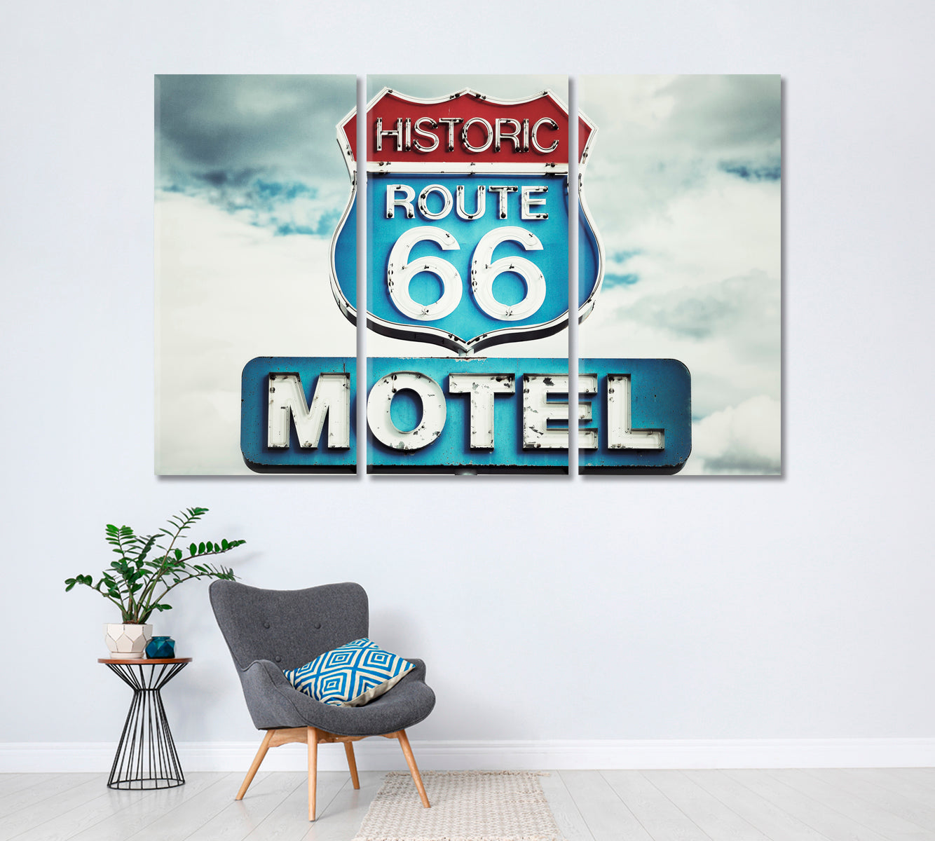 Old Motel Sign on Route 66 USA Canvas Print ArtLexy 3 Panels 36"x24" inches 