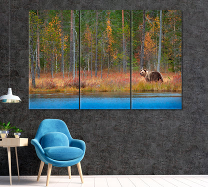 Bear in Autumn Forest Finland Canvas Print ArtLexy 3 Panels 36"x24" inches 