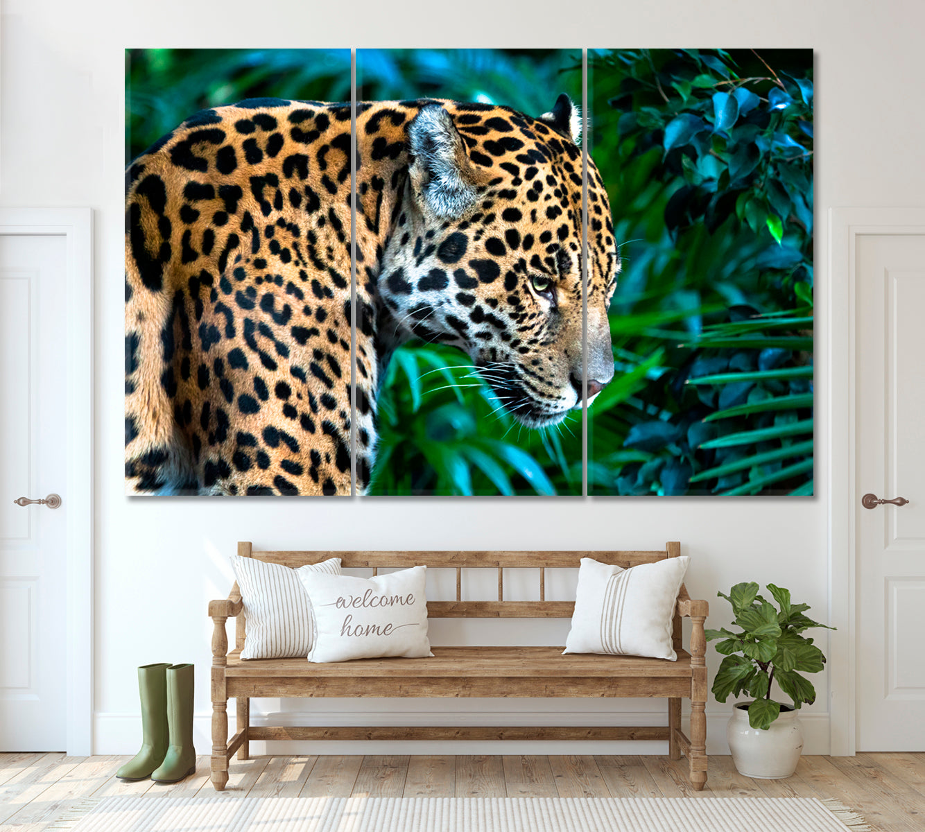 Jaguar in Jungle Canvas Print ArtLexy 3 Panels 36"x24" inches 