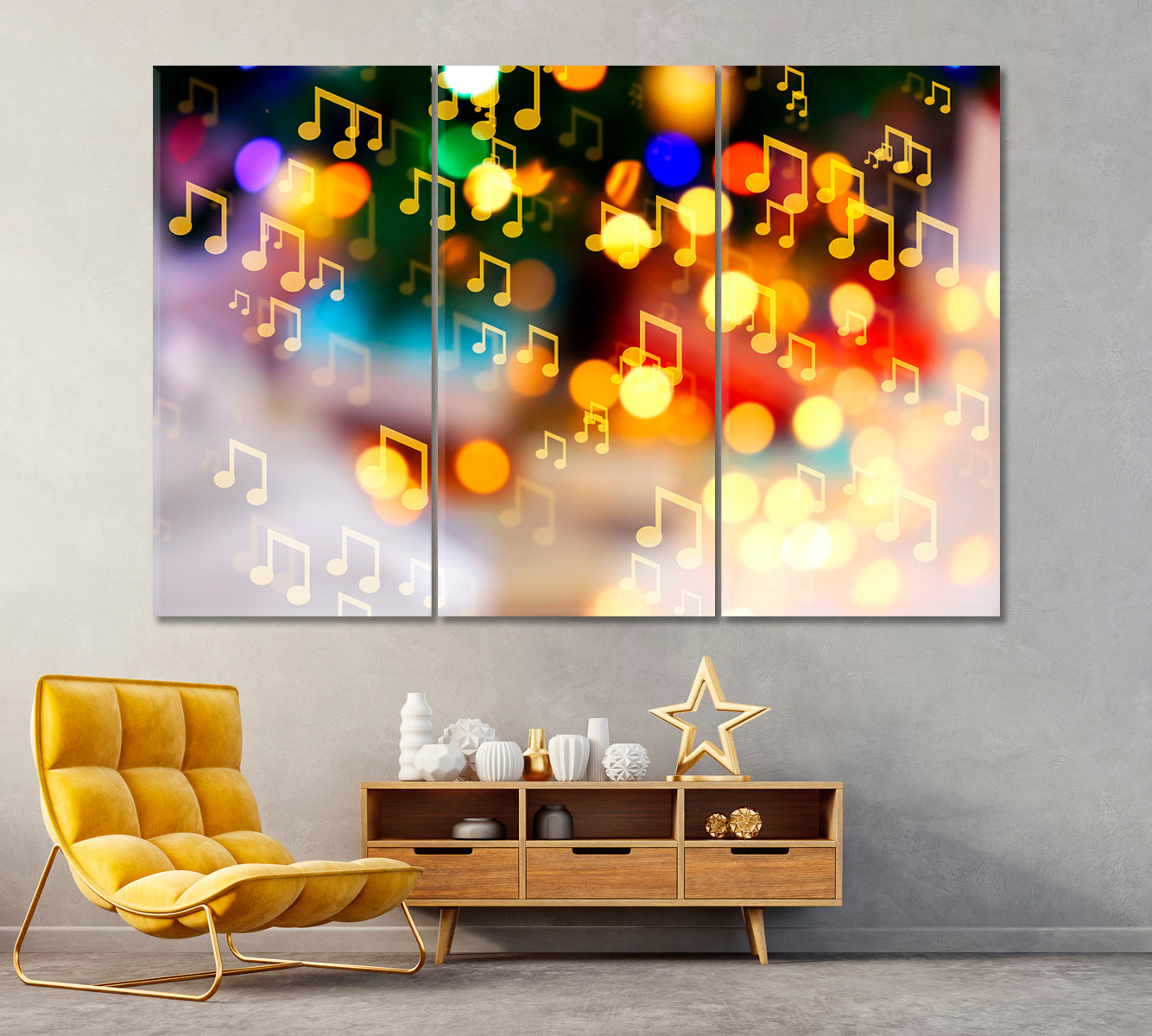 Music Notes on Blurred Lights Canvas Print ArtLexy 3 Panels 36"x24" inches 