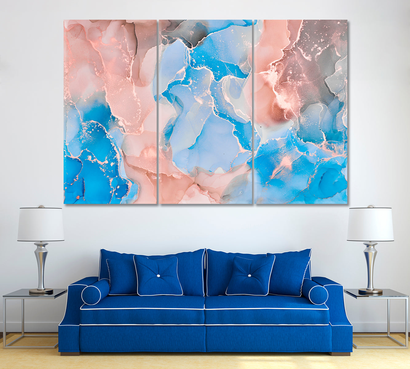 Abstract Blue Marble with Veins Canvas Print ArtLexy 3 Panels 36"x24" inches 